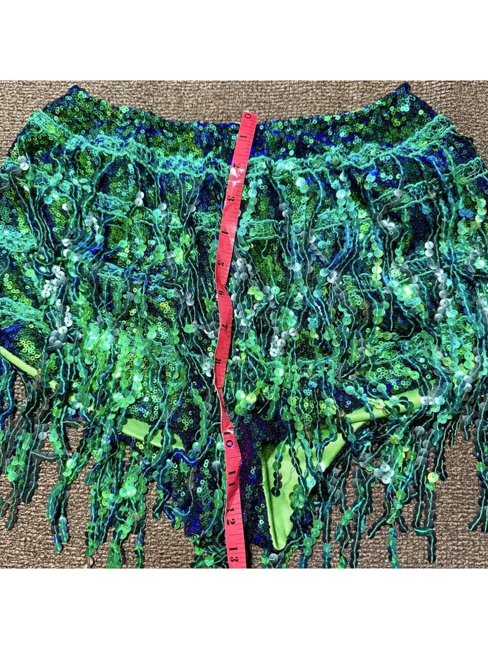 Green Sequin Fringe Shorts S Mermaid Rave Halloween NYE Hot Pants - Picture 8 of 8